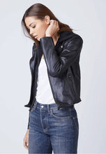 Load image into Gallery viewer, Women's Black Leather Jacket Removable Hood