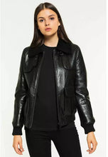 Load image into Gallery viewer, Women’s Black Leather Shearling Jacket