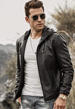 Load image into Gallery viewer, Men's Black Leather Jacket With Hood