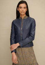 Load image into Gallery viewer, Women's Blue Leather Jacket Crew Neck