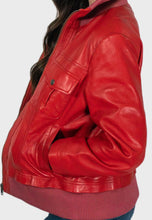 Load image into Gallery viewer, Women's Red Leather Bomber Jacket