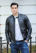 Load image into Gallery viewer, Men's Black Leather Jacket Crew Neck