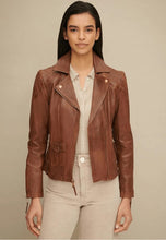 Load image into Gallery viewer, Women's Tan Brown Leather biker jacket