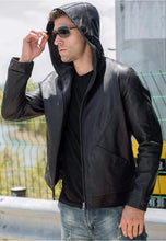 Load image into Gallery viewer, Men's Black Leather Jacket With Hood