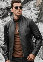 Load image into Gallery viewer, Men's Black Leather Jacket Ban Collar
