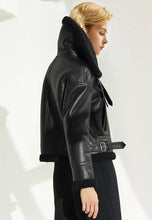 Load image into Gallery viewer, Women’s Black Leather Black Shearling Big Collared Jacket
