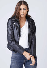 Load image into Gallery viewer, Women&#39;s Black Leather Jacket Removable Hood
