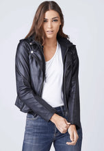 Load image into Gallery viewer, Women's Black Leather Jacket Removable Hood