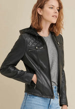Load image into Gallery viewer, Women's Black Leather Hooded Biker Jacket