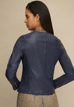 Load image into Gallery viewer, Women's Blue Leather Jacket Crew Neck