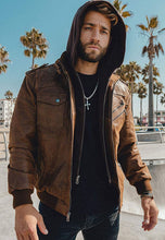 Load image into Gallery viewer, Men’s Tan Brown Leather Removable Hood Bomber Jacket