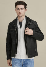 Load image into Gallery viewer, Men’s Black Leather Jacket Removable Hood