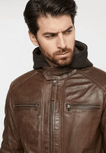 Load image into Gallery viewer, Men's Chocolate Brown Leather Jacket Removable Hood