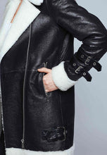 Load image into Gallery viewer, Women’s Black Leather White Shearling Long Coat