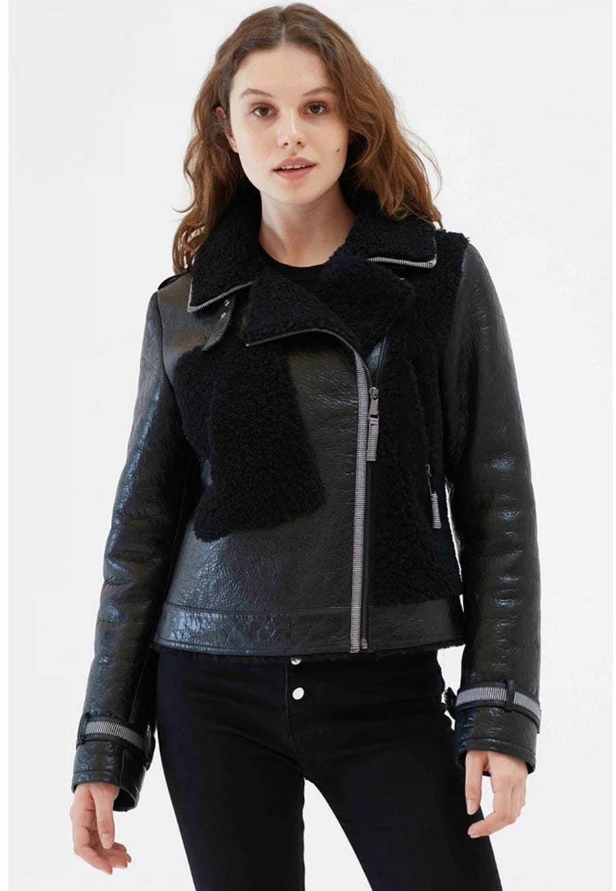 Black leather sherpa jacket best sale