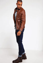 Load image into Gallery viewer, Men's Brown Leather Crew Neck Jacket