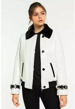 Load image into Gallery viewer, Women's White Leather Shearling Jacket with Black Collar