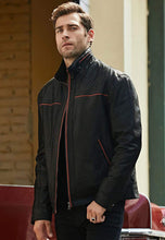 Load image into Gallery viewer, Men's Black Leather Jacket With Red Stripes