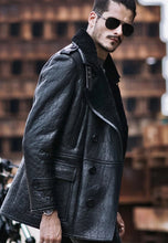 Load image into Gallery viewer, Men’s Black Leather Shearling Long Coat