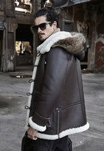 Load image into Gallery viewer, Men’s Black Leather White Shearling Removable Hooded Long Coat