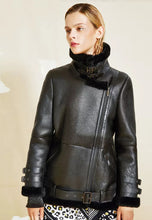 Load image into Gallery viewer, Women’s Black Leather Shearling Long Coat