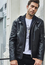Load image into Gallery viewer, Men's Black Leather Removable Hood Biker Jacket
