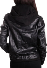 Load image into Gallery viewer, Women's Black Leather Removable Hooded Bomber Jacket