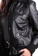 Load image into Gallery viewer, Women's Black Leather Removable Hooded Bomber Jacket