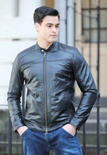 Load image into Gallery viewer, Men's Black Leather Jacket Crew Neck