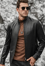 Load image into Gallery viewer, Men's Black Leather Jacket Ban Collar