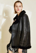 Load image into Gallery viewer, Women’s Black Leather Shearling Long Coat
