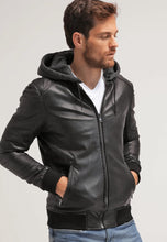 Load image into Gallery viewer, Men&#39;s Black Leather Hooded Bomber Jacket
