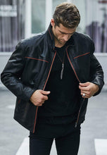 Load image into Gallery viewer, Men's Black Leather Jacket With Red Stripes