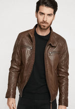Load image into Gallery viewer, Men's Chocolate Brown Leather Jacket Removable Hood