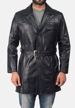 Load image into Gallery viewer, Men’s Black Leather Trench Coat Belt