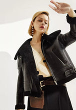 Load image into Gallery viewer, Women’s Black Leather Black Shearling Big Collared Jacket
