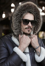 Load image into Gallery viewer, Men’s Black Leather White Shearling Removable Hooded Long Coat