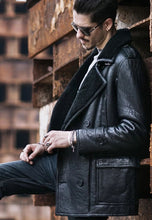 Load image into Gallery viewer, Men’s Black Leather Shearling Long Coat