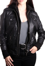 Load image into Gallery viewer, Women's Black Leather Removable Hooded Bomber Jacket