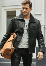 Load image into Gallery viewer, Men's Black Leather Collared Trucker Jacket