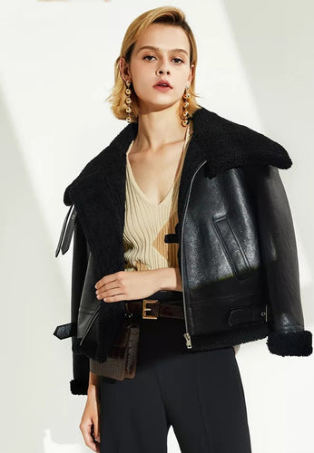 Women's Black Leather Shearling Jacket with Big Collar