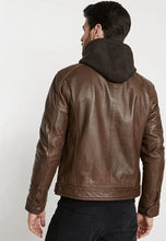 Load image into Gallery viewer, Men's Chocolate Brown Leather Jacket Removable Hood