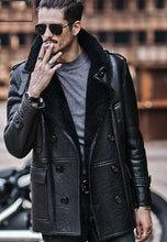 Load image into Gallery viewer, Men’s Black Leather Shearling Long Coat