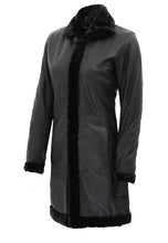 Load image into Gallery viewer, Women’s Black Leather Shearling Long Coat
