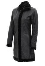 Load image into Gallery viewer, Women’s Black Leather Shearling Long Coat