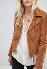 Load image into Gallery viewer, Women’s Tan Brown Suede Leather Biker Jacket
