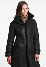 Load image into Gallery viewer, Women’s Black Leather Shearling Long Coat