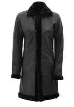 Load image into Gallery viewer, Women’s Black Leather Shearling Long Coat