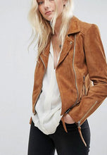 Load image into Gallery viewer, Women’s Tan Brown Suede Leather Biker Jacket