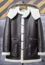 Load image into Gallery viewer, Men’s Black Leather White Shearling Removable Hooded Long Coat
